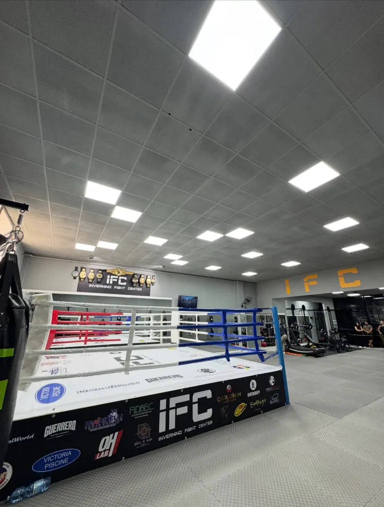 Ring bianco e blu sotto i pannelli LED del soffitto