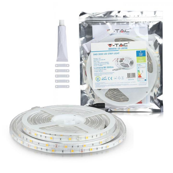 Striscia smd5050 30 led/m bianco caldo ip65 3000k - v-tac 5 metri