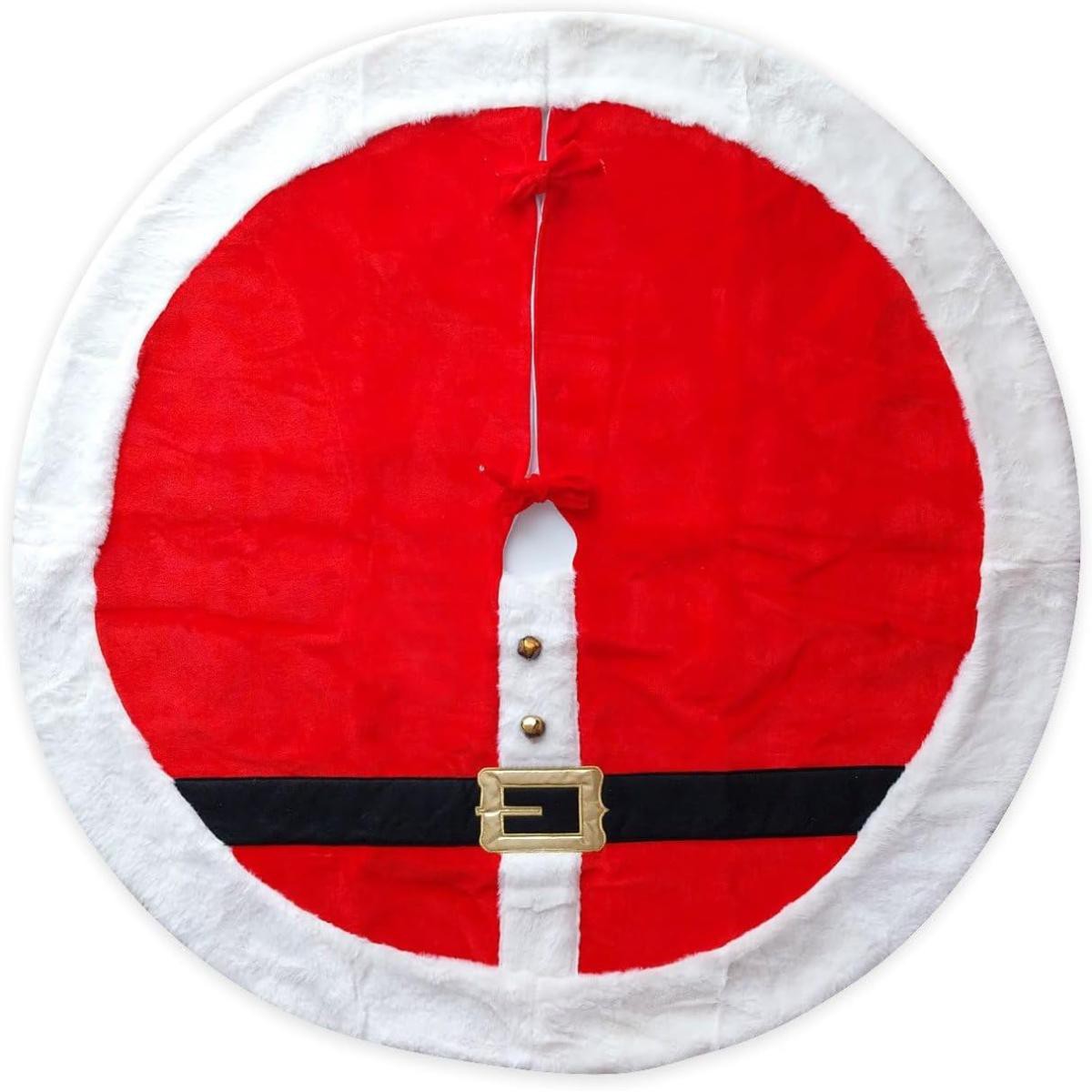 Gonna per Albero di Natale Copribase Copri Base Rosso Forma Vestito di Babbo Natale Cintura e Sonaglini (diametro 90 cm)