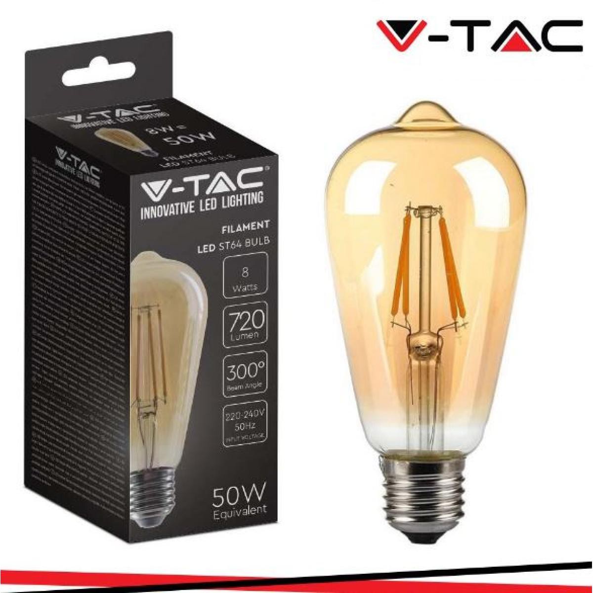 V-TAC Led lampadina 8w filamento e27 st64 amber cover 2200k