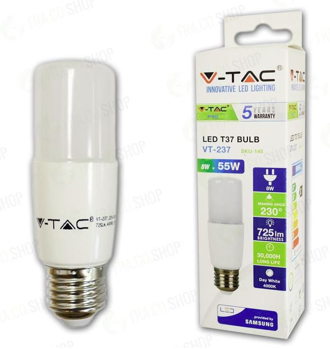 LED LAMPADINA - SAMSUNG CHIP 8W  E27 T37 PLASTICA 6400K                                                                 