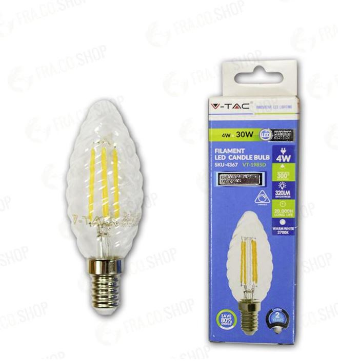 LAMPADINA LED FILAMENTO SPIRALE CANDELA 4W E14 BIANCO CALDO DIMMERABILE 3000K                                           