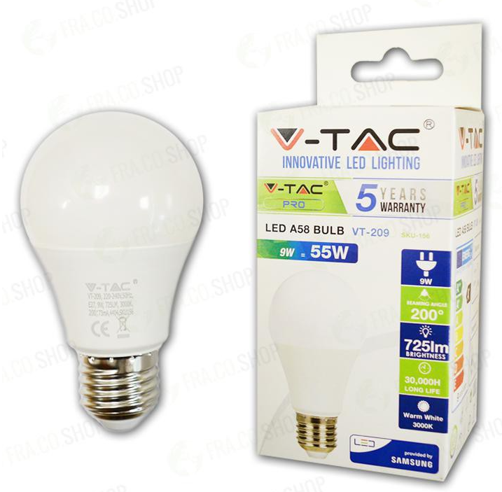 LAMPADINA LED - SAMSUNG CHIP 9W E27 A58 PLASTICA BIANCO CALDO 3000K                                                     