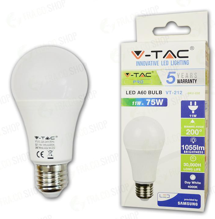 LED LAMPADINA - SAMSUNG CHIP 11W E27 A60 PLASTICA 4000K                                                                 