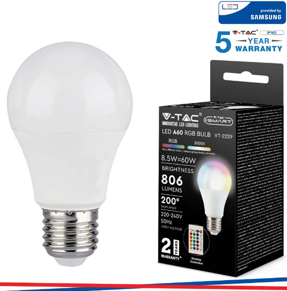 V-TAC Led lampadina 8.5w e27 a60 rf controllo rgb + 4000k dimmerabile