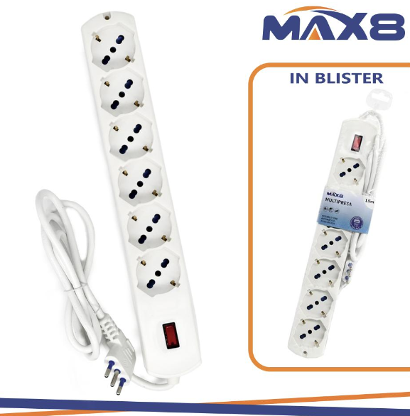 MAX8 Multipresa 6 uscite univ. con spina 10a 2p+t bianca