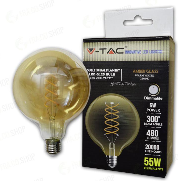 LAMPADINA A LED - FILAMENTO A SPIRALE DA 6W E27 G125 VETRO AMBRATO  BIANCO CALDO                                        