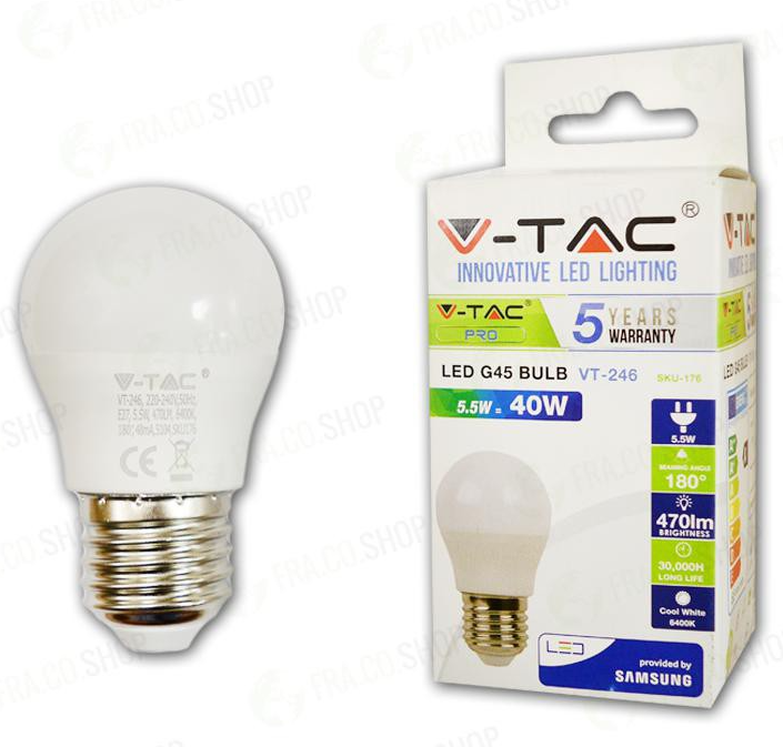 LAMPADINA LED - SAMSUNG CHIP 5.5W E27 G45 PLASTICA BIANCO NATURALE 4000K                                                