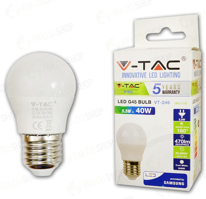 LAMPADINA LED - SAMSUNG CHIP 5.5W E27 G45 PLASTICA BIANCO CALDO 3000K                                                   