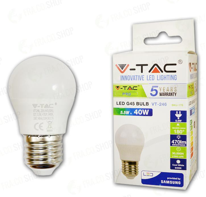 LAMPADINA LED - SAMSUNG CHIP 5.5W E27 G45 PLASTICA LUCE BIANCA 6400K                                                    