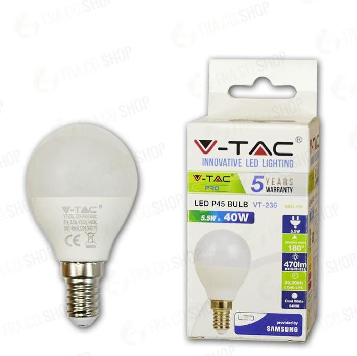 LAMPADINA LED - SAMSUNG CHIP 5.5W E14 P45 PLASTICA BIANCO CALDO 3000K                                                   
