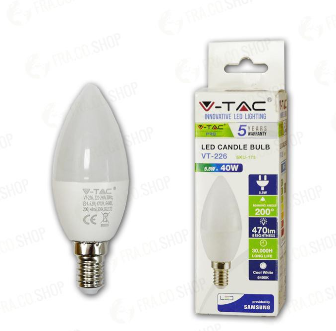 LAMPADINA LED - SAMSUNG CHIP 5.5W E14 PLASTICA CANDLE BIANCO CALDO 3000K                                                
