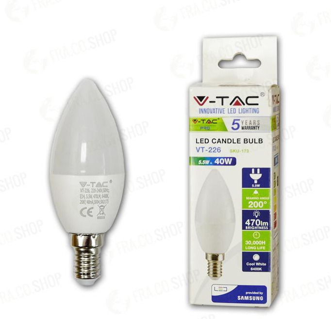 LAMPADINA LED - SAMSUNG CHIP 5.5W E14 PLASTICA CANDLE BIANCO NATURALE 4000K                                             