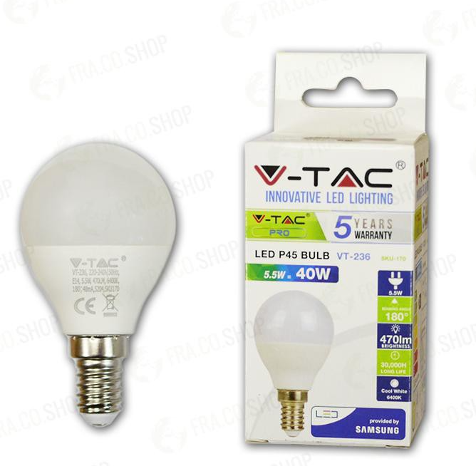 LAMPADINA LED - SAMSUNG CHIP 5.5W E14 P45 PLASTICA BIANCO NATURALE 4000K                                                