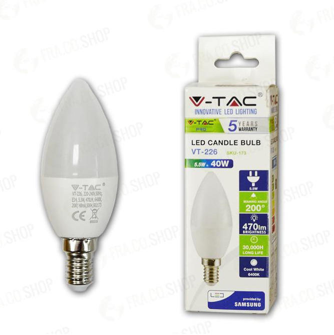 LAMPADINA LED - SAMSUNG CHIP 5.5W E14 PLASTICA CANDLE LUCE BIANCA 6400K                                                 