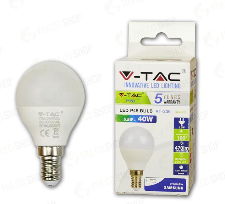 LAMPADINA LED - SAMSUNG CHIP 5.5W E14 P45 PLASTICA LUCE BIANCA 6400K                                                    