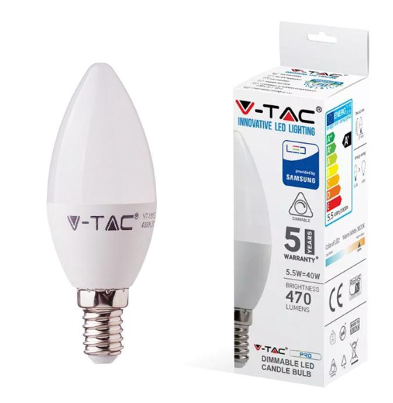 V-TAC LED Lampadina SAMSUNG Chip 5.5W E14 Plastica Dimmerabile a candela 3000K