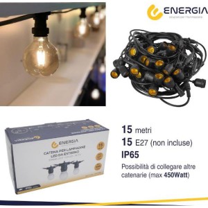 ENERGIA Catena con 15 portalampada e27 15mt nera