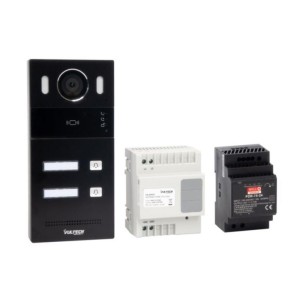 VULTECH Kit Villa Bifamiliare VS-KW-2IP2S 2 fili by ip con postazione da esterno 2 tasti + alimentatore 24V in DIN + Distributore in DIN