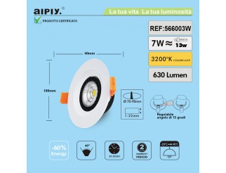 Faretto a Incasso a Molla Orientabile COB LED 7W Luce Calda Aiply 566003W
