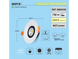 Faretto a Incasso a Molla Orientabile COB LED 7W Luce Naturale Aiply 566003N