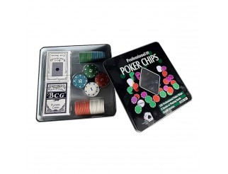 Set da Poker con Scatola in Metallo, 100 Fiches, 2 Mazzi di Carte, Fiches Dealer